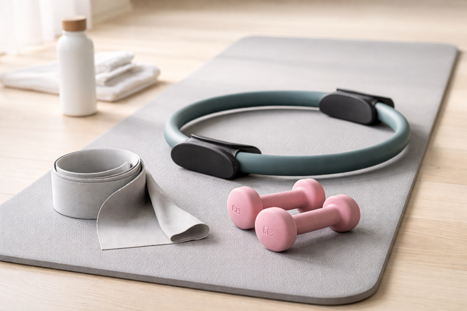 Attrezzatura per Pilates matwork: tappetino, ring, piccoli pesi ed elastico
